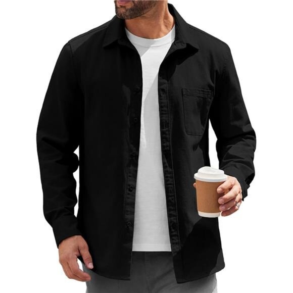 Mens Lightweight Shirt Jacket Button Down Casual Shacket Overshirt Long Sleeve - Picture 1 of 5